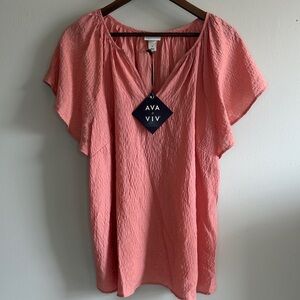 Ava & Viv Coral Textured Blouse 1X Plus Size Flutter Sleeve V Neck Top NWT